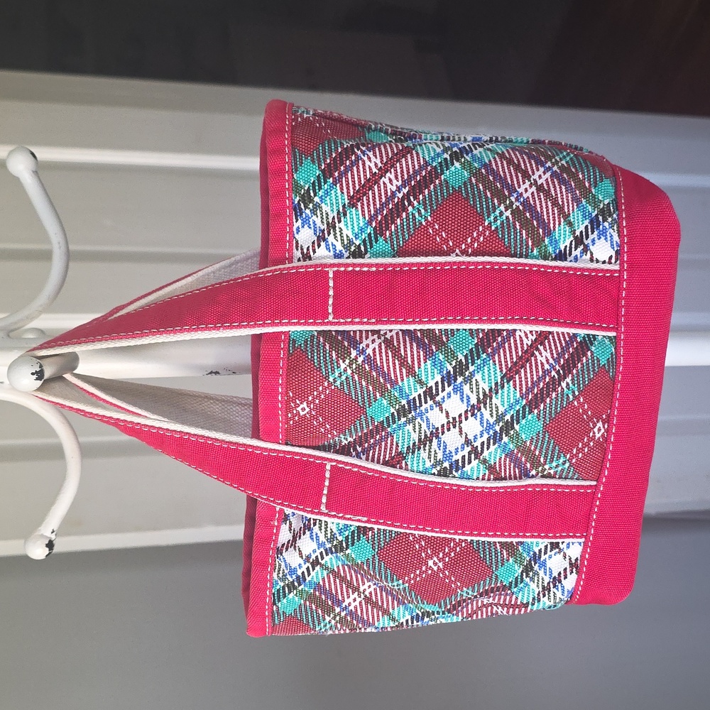 Lands’ End Plaid Tote – Red Handles, Canvas Carryall Boat Tote - Picture 3 of 14